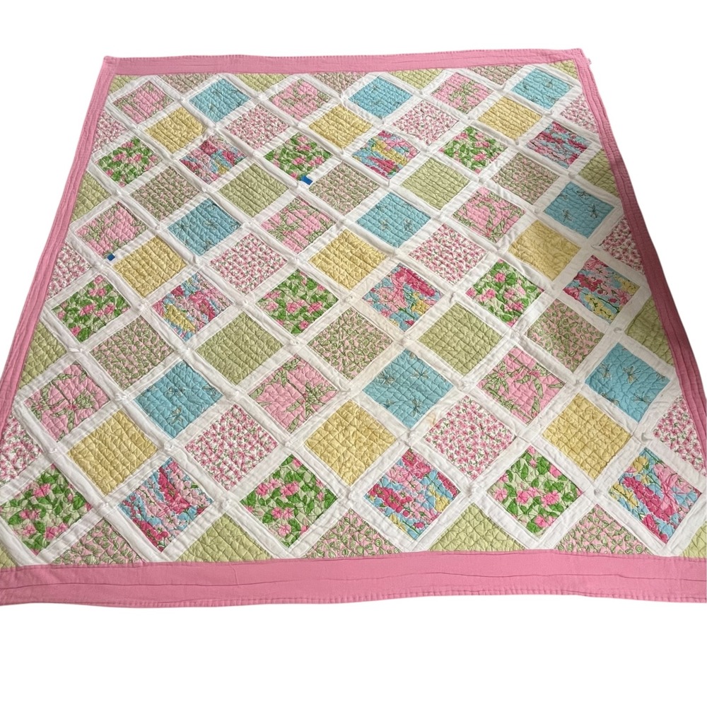Lilly Pulitzer Party Patchwork Quilt Pink Green Floral Seersucker Queen